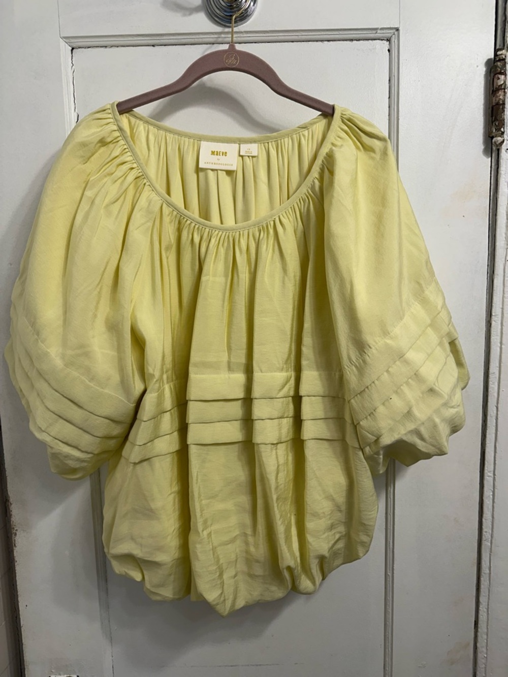 NWOT Women's Anthropologie Light Yellow Pleated Sleeve Balloon Blouse - Sz 1X - Picture 3 of 7